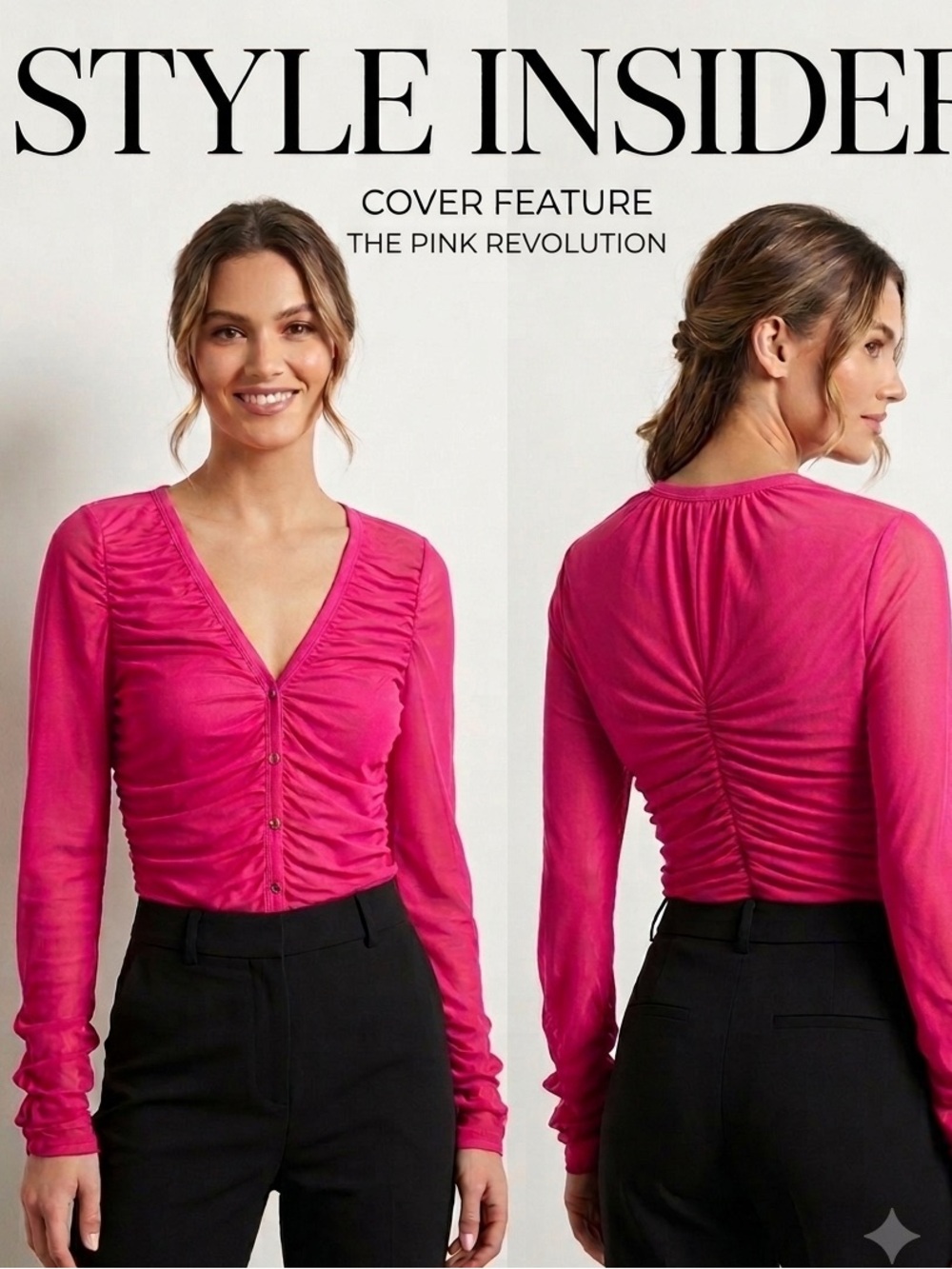 GUESS dark pink Ruched Mesh Button-Front V-Neck Top